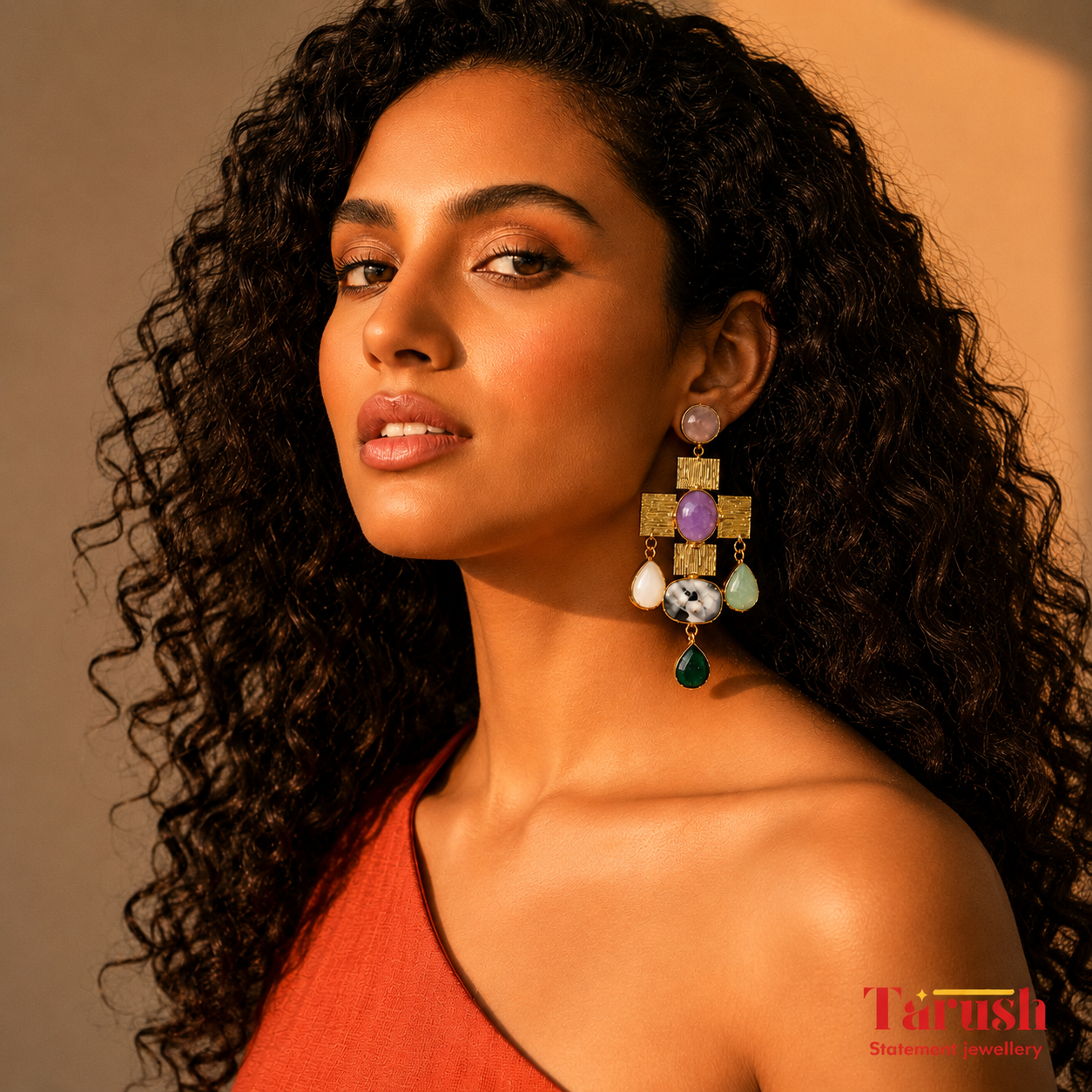 Tarush Multi-Stone Geometric Drop Earrings - Indo-Western Statement Jewellery - Stones Colour May Vary