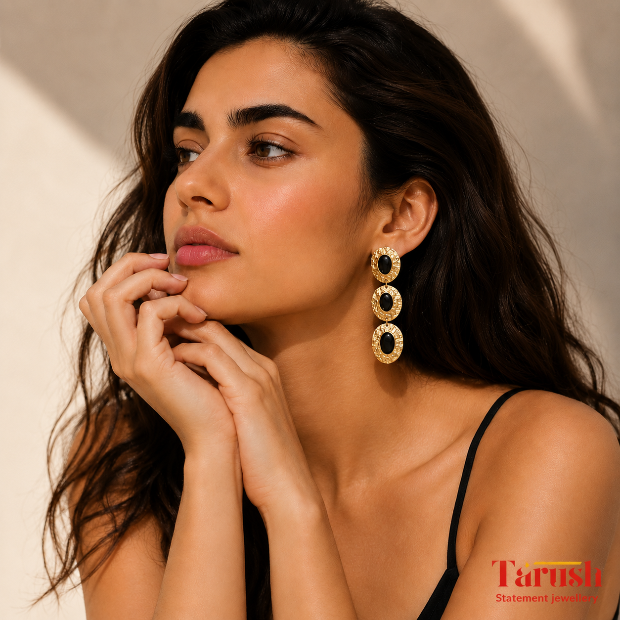 18kt Gold Plated Black Dangler Enamel Earring - Perfect for your Parties Semi Precious stone