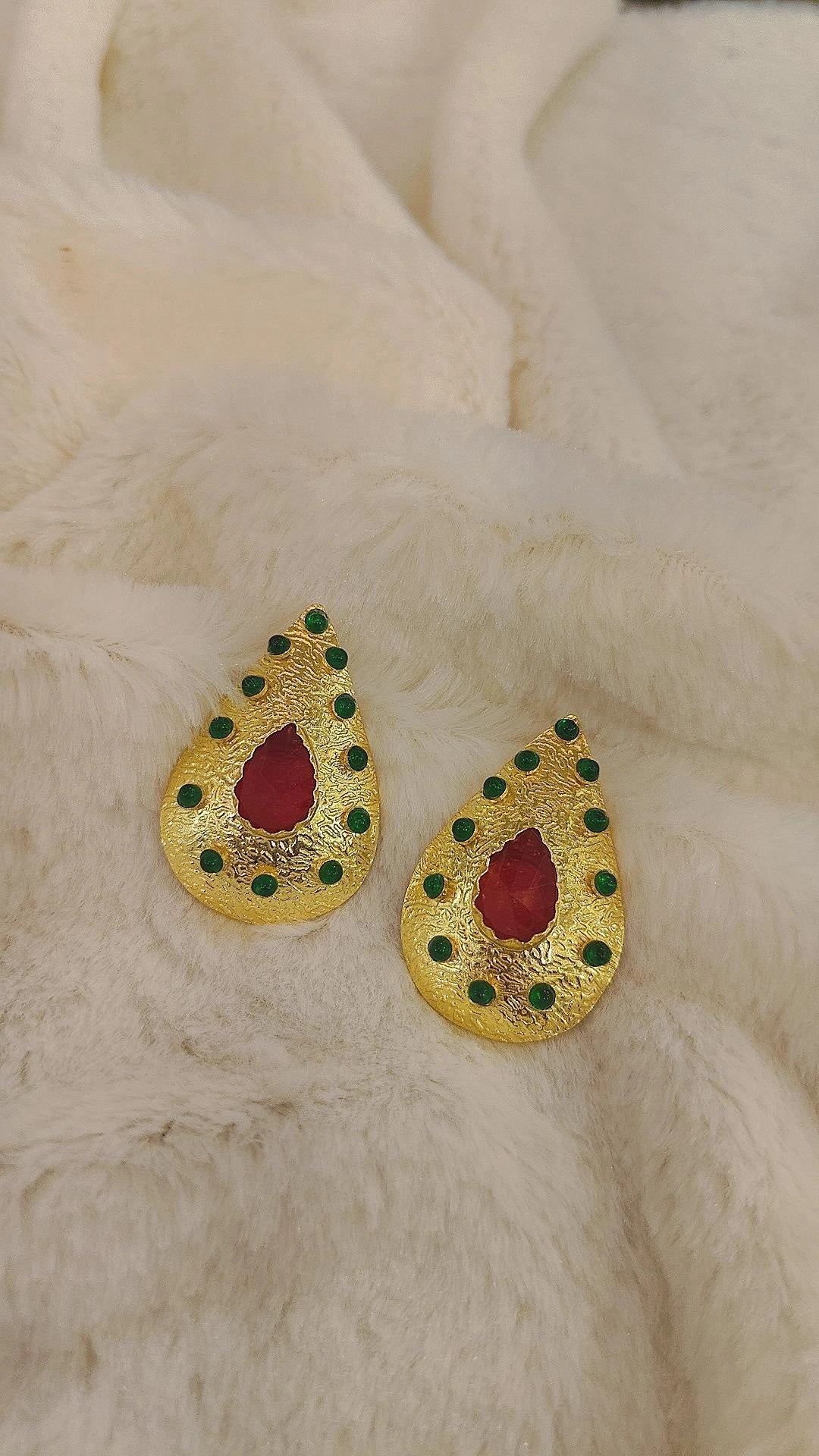 18 Kt Gold Plated gold with red and green stone earring Semi Precious stone