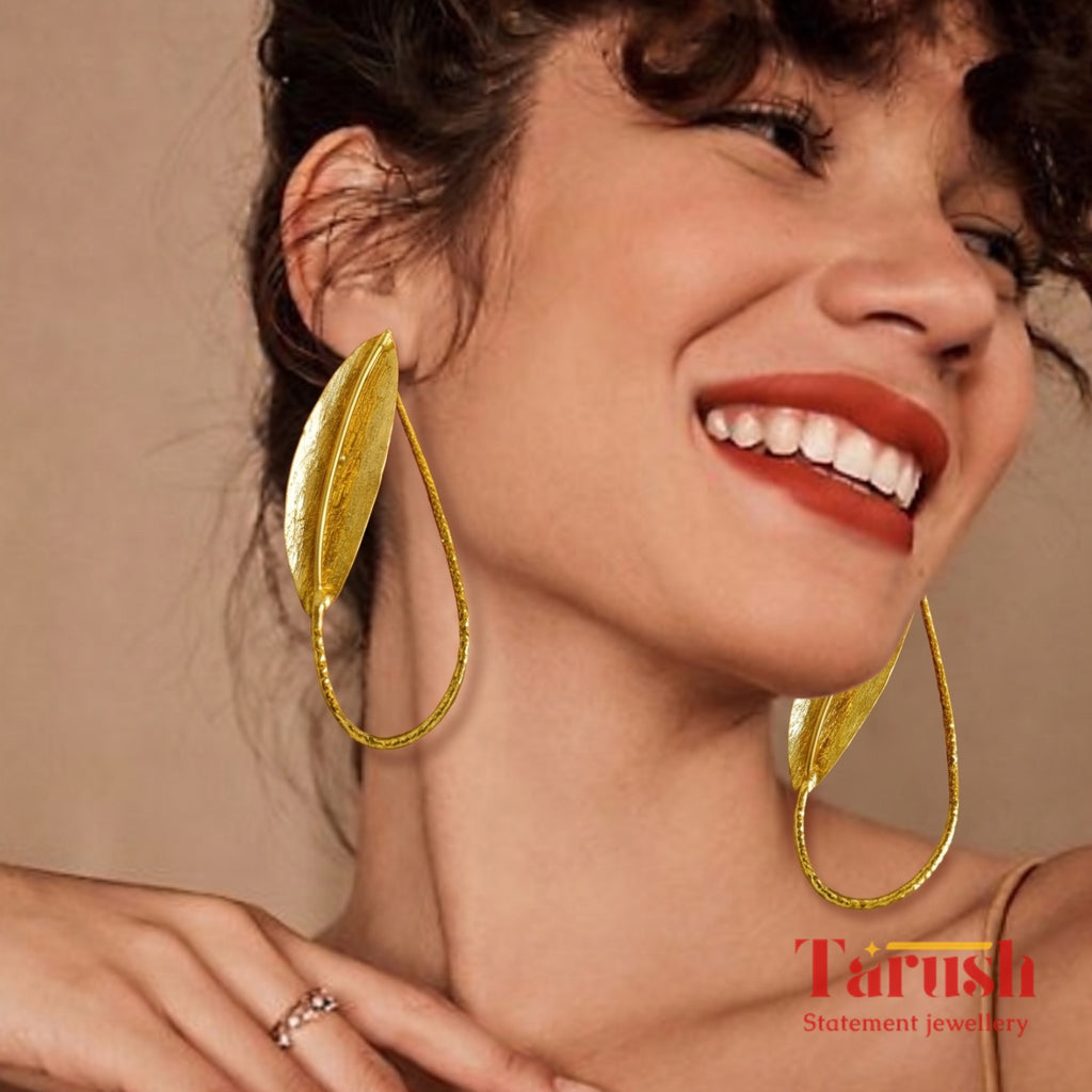 18 Kt Gold Plate Brass Statement Leaf Earrings - Perfect For all Your Parties
