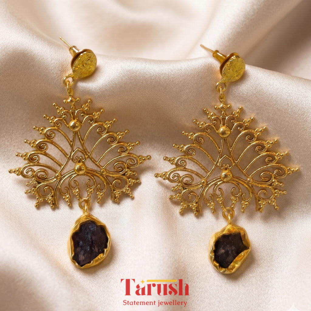 18 Kt Gold Plated Black Earring - Gives a Peacock look - One stone Hanging Earring black Semi Precious stone
