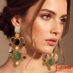 Tarush Premium Multi-Stone Victorian Earrings - Real Gem Stones - Indo-Western Statement Earrings - Stones Colour May Vary