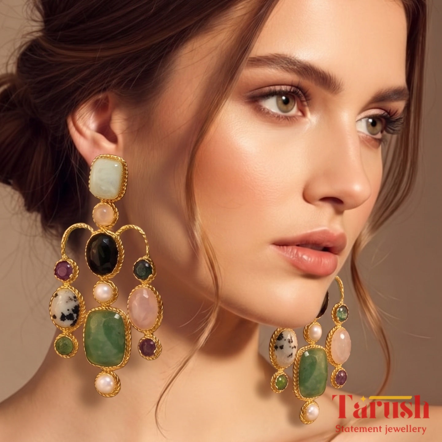 Tarush Premium Multi-Stone Victorian Earrings - Real Gem Stones - Indo-Western Statement Earrings - Stones Colour May Vary