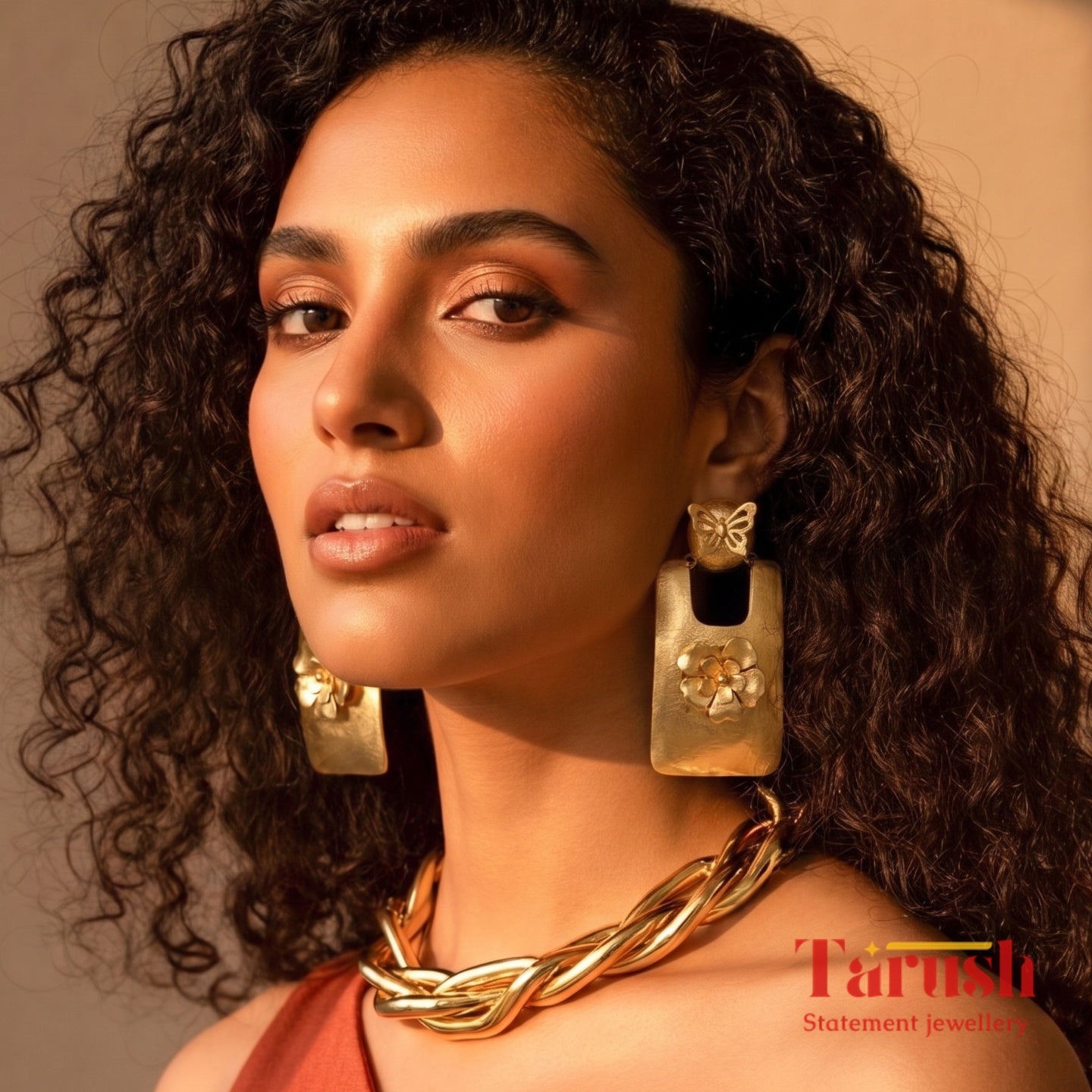 18 Kt Gold Plated Gold big Rectangle with flower earring Semi Precious stone