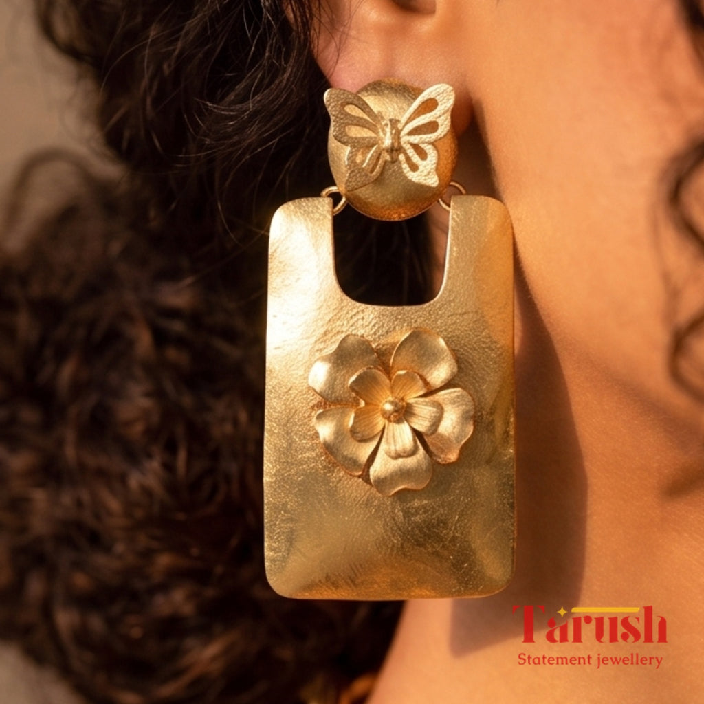 18 Kt Gold Plated Gold big Rectangle with flower earring Semi Precious stone