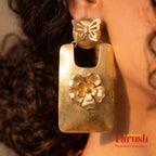 18 Kt Gold Plated Gold big Rectangle with flower earring Semi Precious stone