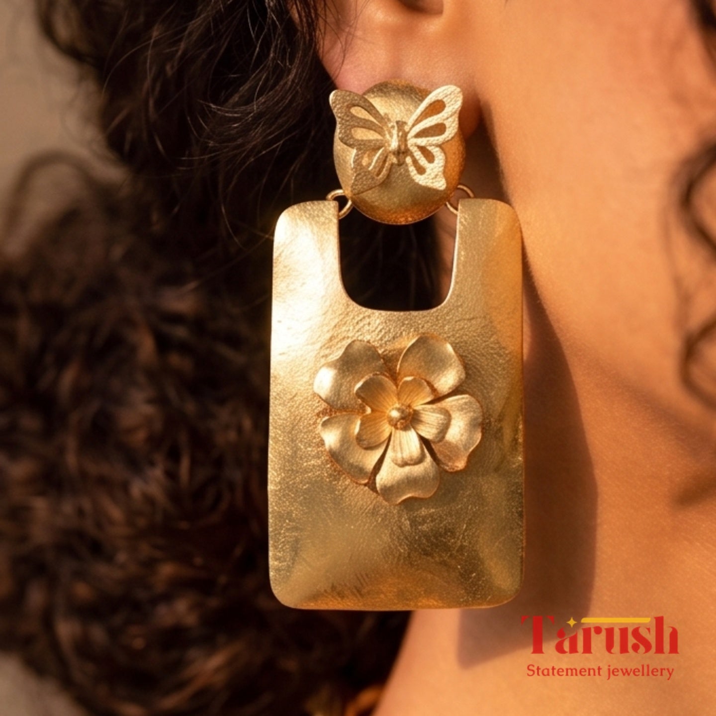 18 Kt Gold Plated Gold big Rectangle with flower earring Semi Precious stone