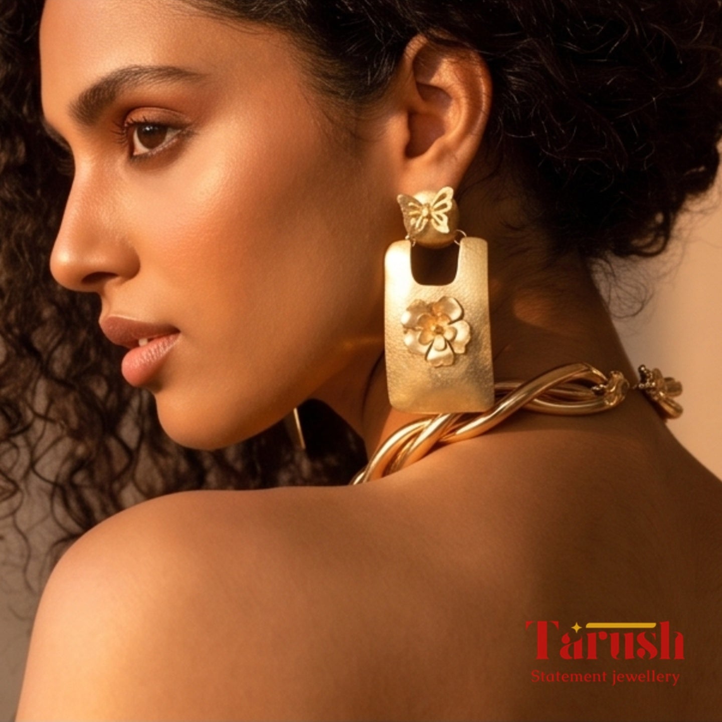 18 Kt Gold Plated Gold big Rectangle with flower earring Semi Precious stone