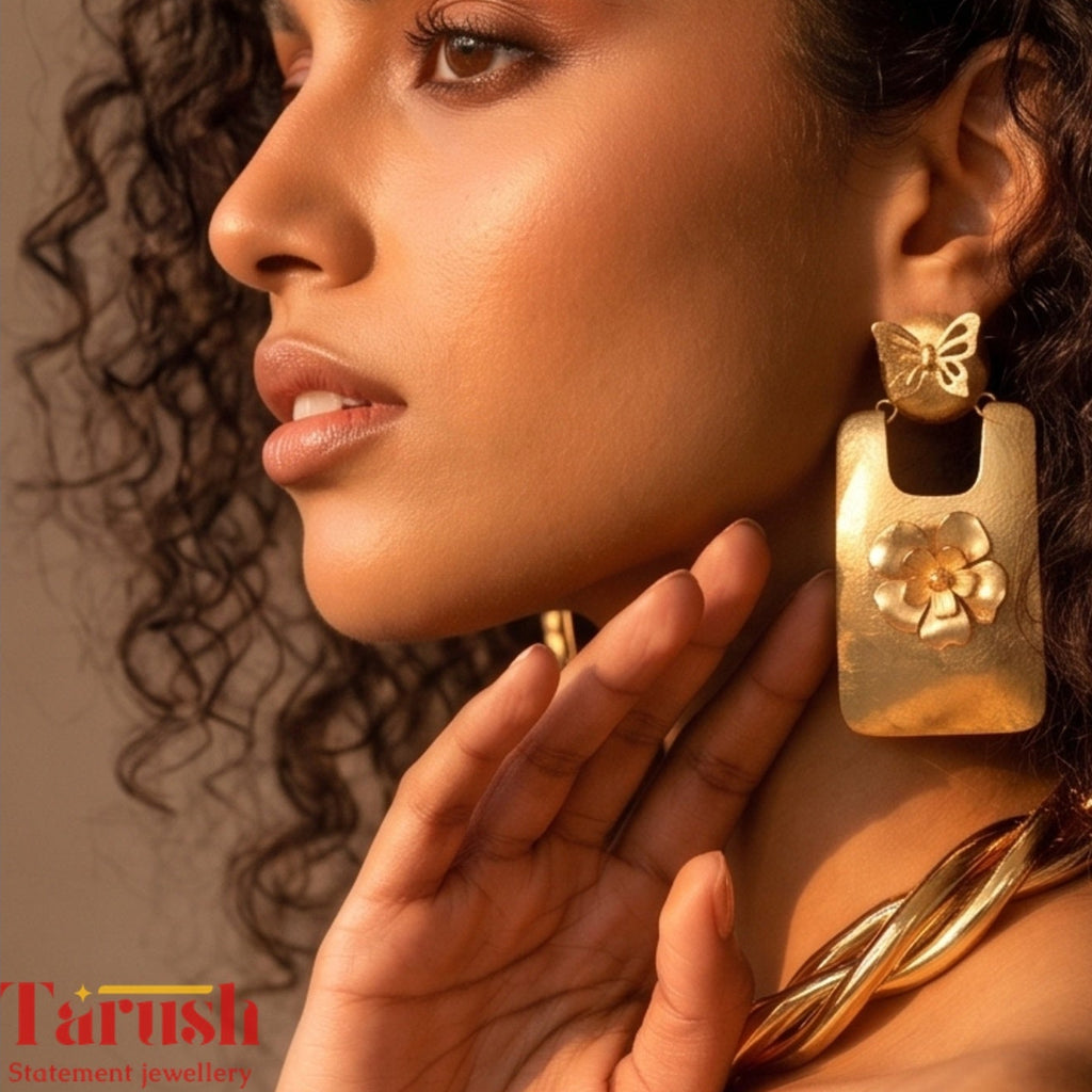 18 Kt Gold Plated Gold big Rectangle with flower earring Semi Precious stone