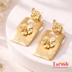 18 Kt Gold Plated Gold big Rectangle with flower earring Semi Precious stone