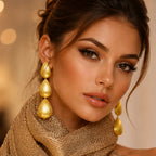 Gold Plated Bold Gold earrings , 18 Kt Gold Plated Textured Triple Drop Earrings for Women