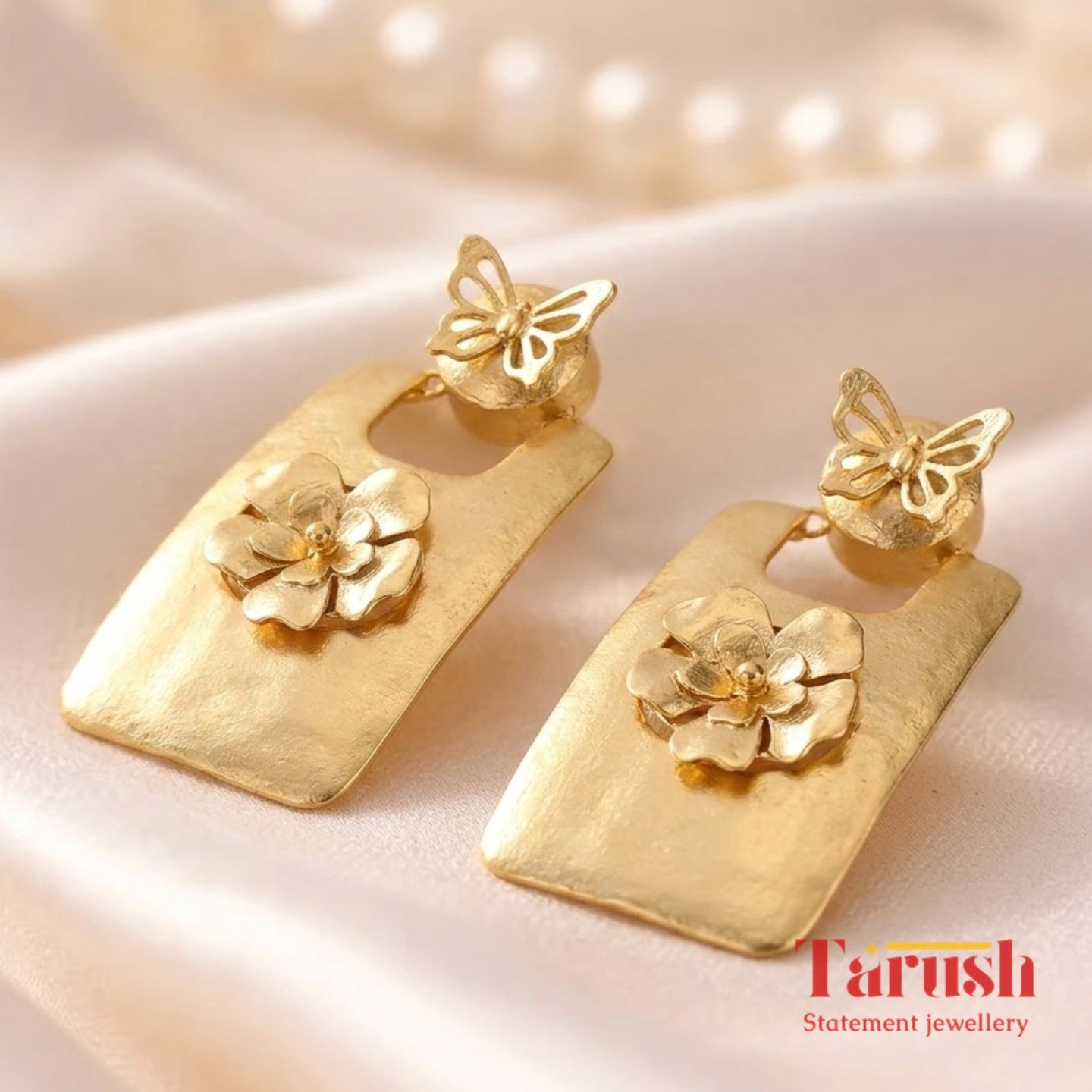 18 Kt Gold Plated Gold big Rectangle with flower earring Semi Precious stone