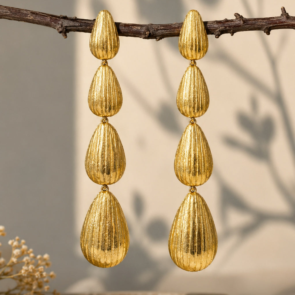 Gold Plated Bold Gold earrings , 18 Kt Gold Plated Textured Triple Drop Earrings for Women