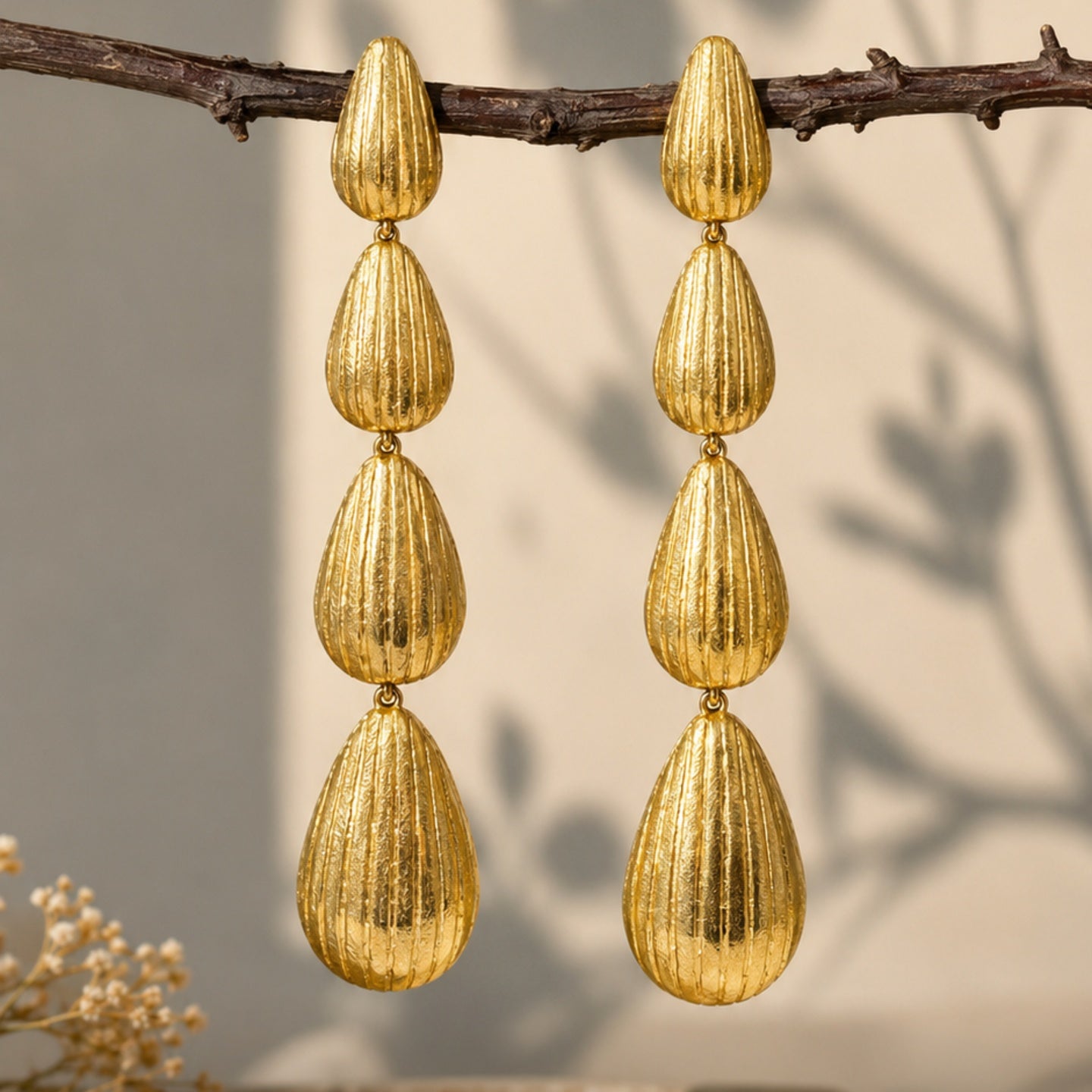 Gold Plated Bold Gold earrings , 18 Kt Gold Plated Textured Triple Drop Earrings for Women
