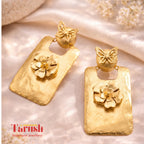 18 Kt Gold Plated Gold big Rectangle with flower earring Semi Precious stone