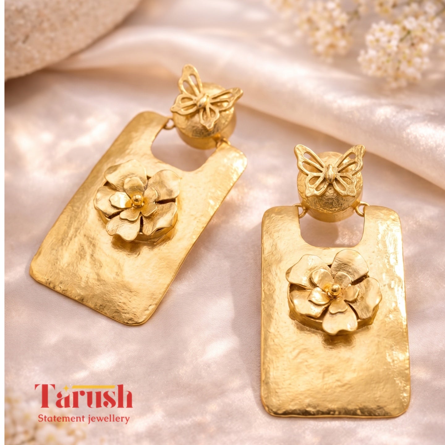 18 Kt Gold Plated Gold big Rectangle with flower earring Semi Precious stone