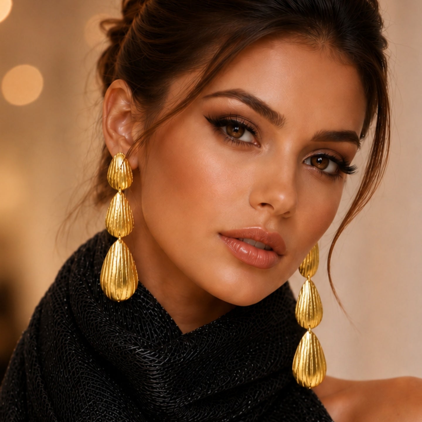 Gold Plated Bold Gold earrings , 18 Kt Gold Plated Textured Triple Drop Earrings for Women