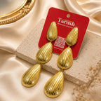 Gold Plated Bold Gold earrings , 18 Kt Gold Plated Textured Triple Drop Earrings for Women