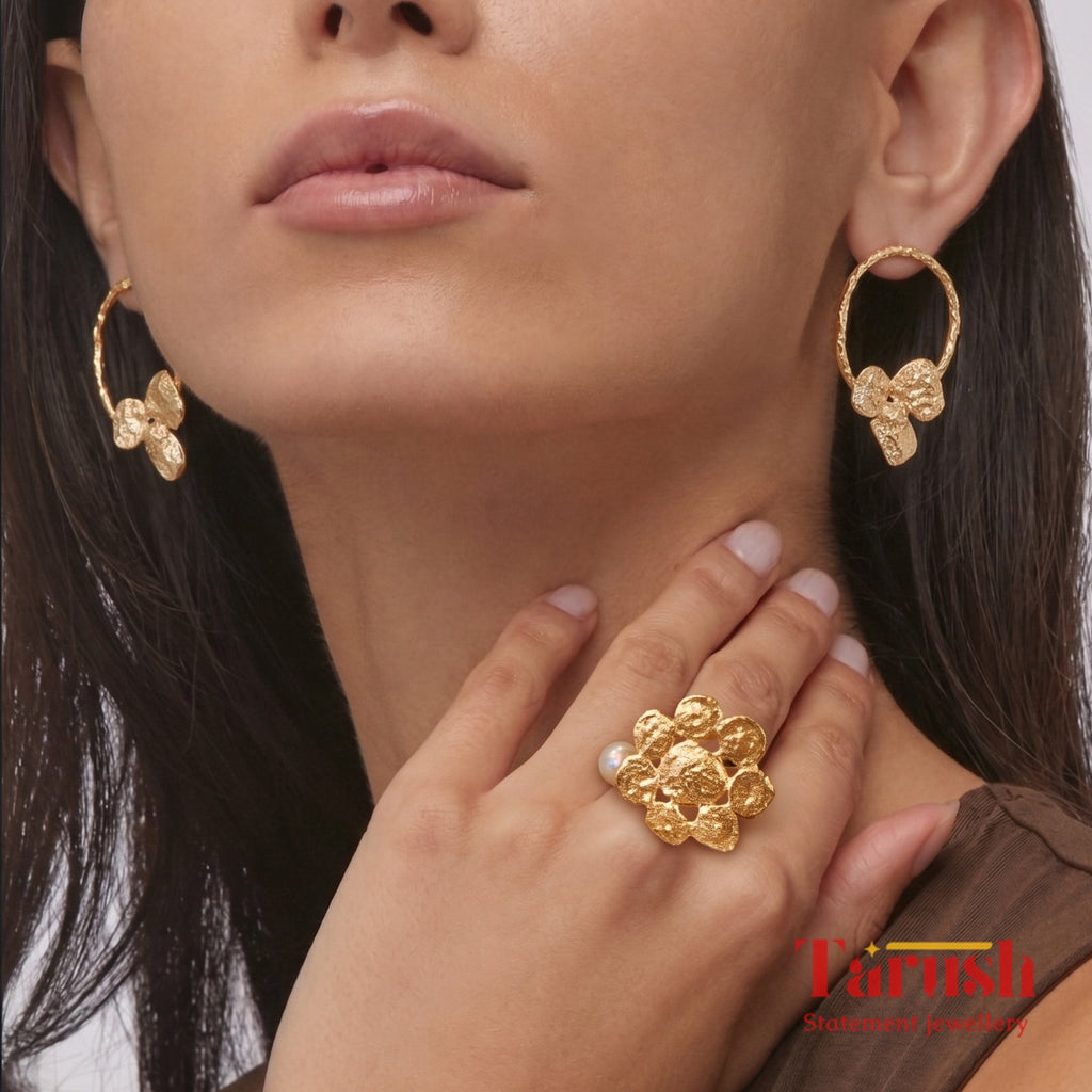 18 Kt Gold Plated Round Gold small earring with round ring Semi Precious stone