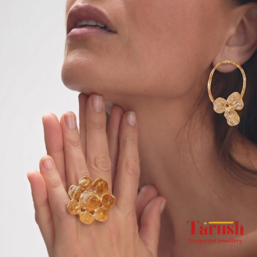 18 Kt Gold Plated Round Gold small earring with round ring Semi Precious stone