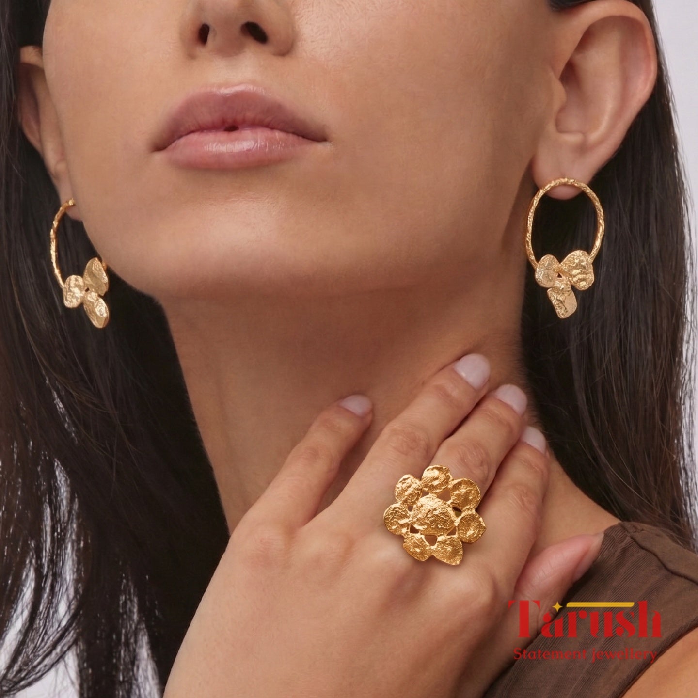 18 Kt Gold Plated Round Gold small earring with round ring Semi Precious stone