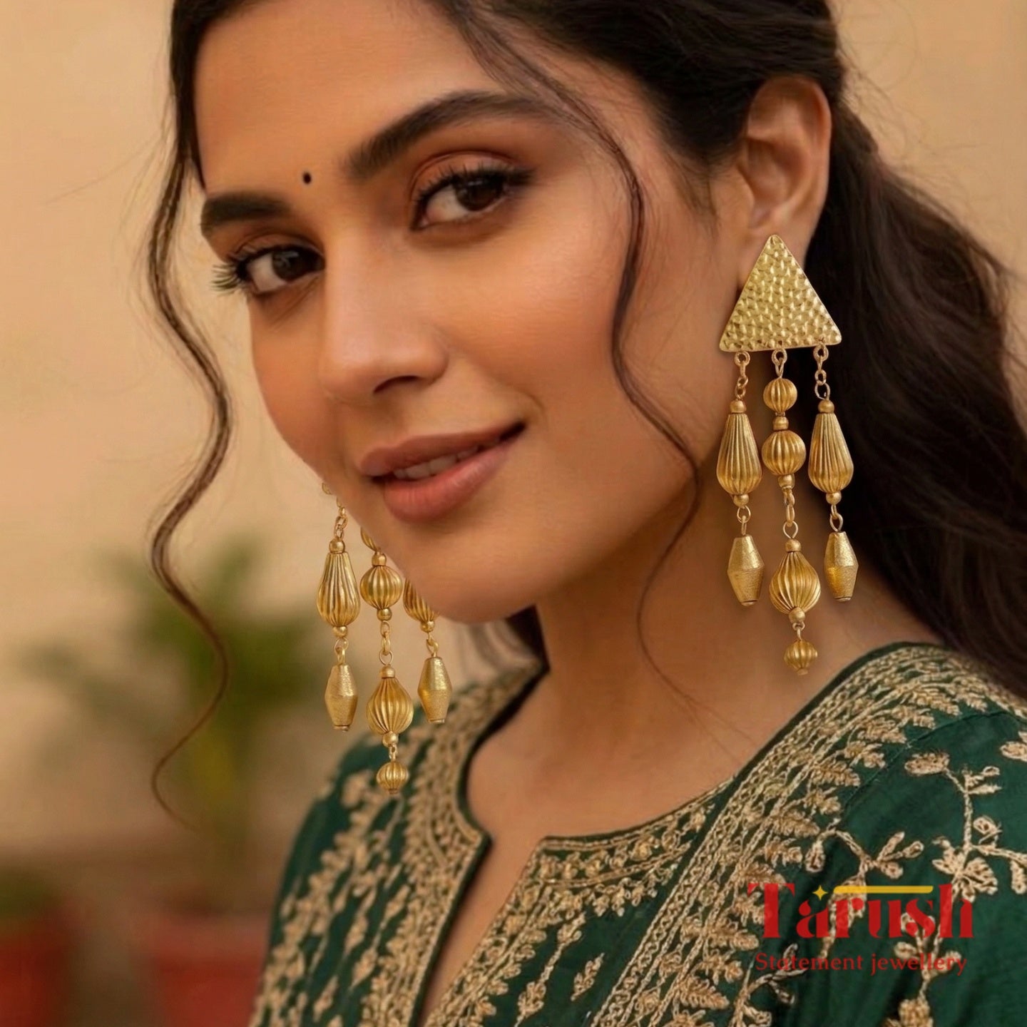 18 Kt Gold Plated Triangle Beaded Jhumka Earrings - Perfect for Your Traditional OutfitsGold - Triangle