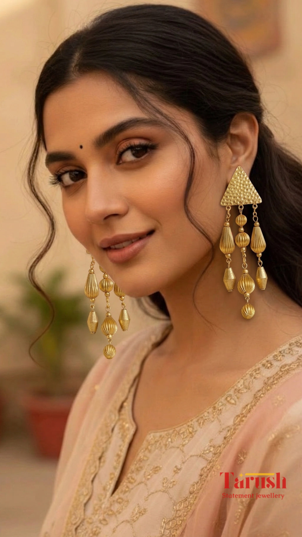 18 Kt Gold Plated Triangle Beaded Jhumka Earrings - Perfect for Your Traditional OutfitsGold - Triangle