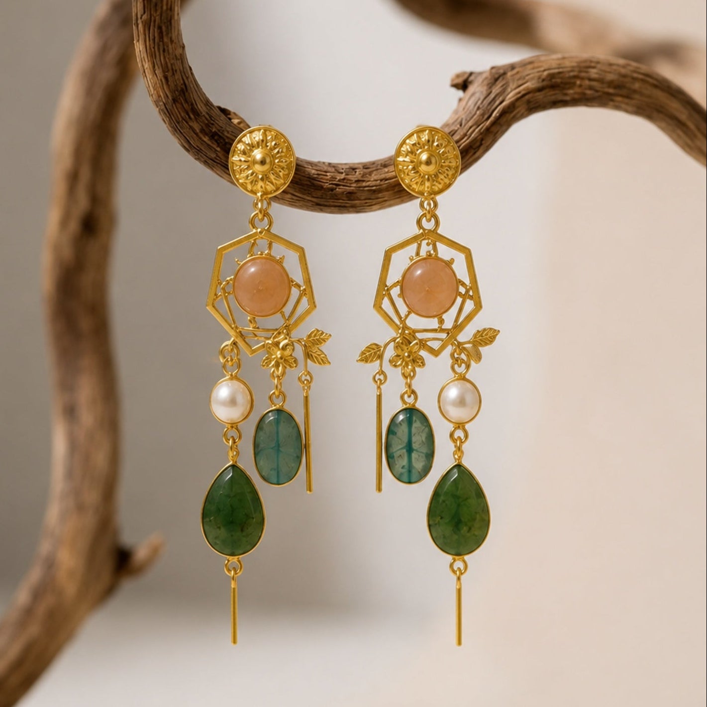 Sage Lagoon Earrings - 18 Kt Gold Pated - Decorated with Semi precious stones - Perfect for all occasions