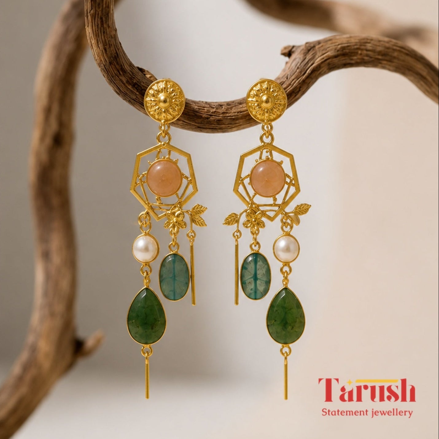 Sage Lagoon Earrings - 18 Kt Gold Pated - Decorated with Semi precious stones - Perfect for all occasions
