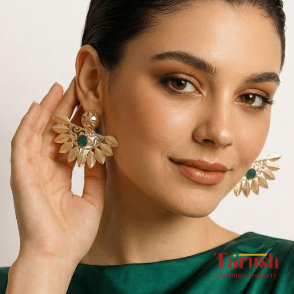 18 Kt Gold Plated Earrings Decorated with Natural Semi-Precious Green Druzy Stone - Perfect for Your Festivals Semi Precious stone