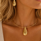 Elegant Hasli set - made of brass - 18 Kt Gold Plated Textured Teardrop Necklace & Earrings Set for Women