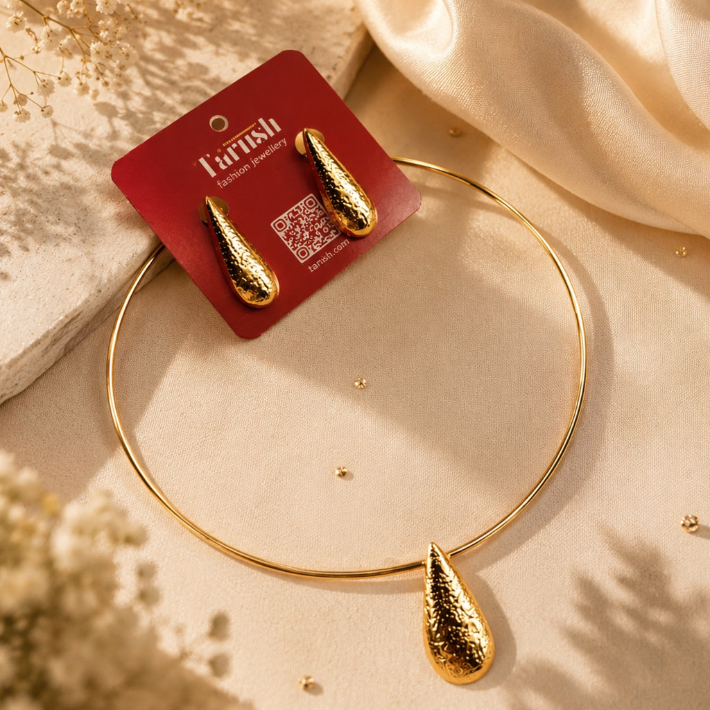Elegant Hasli set - made of brass - 18 Kt Gold Plated Textured Teardrop Necklace & Earrings Set for Women