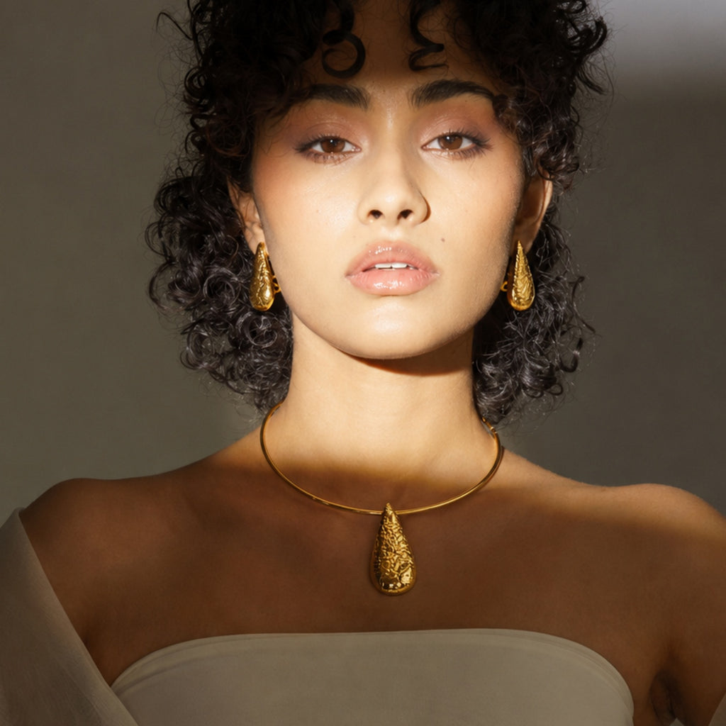 Elegant Hasli set - made of brass - 18 Kt Gold Plated Textured Teardrop Necklace & Earrings Set for Women