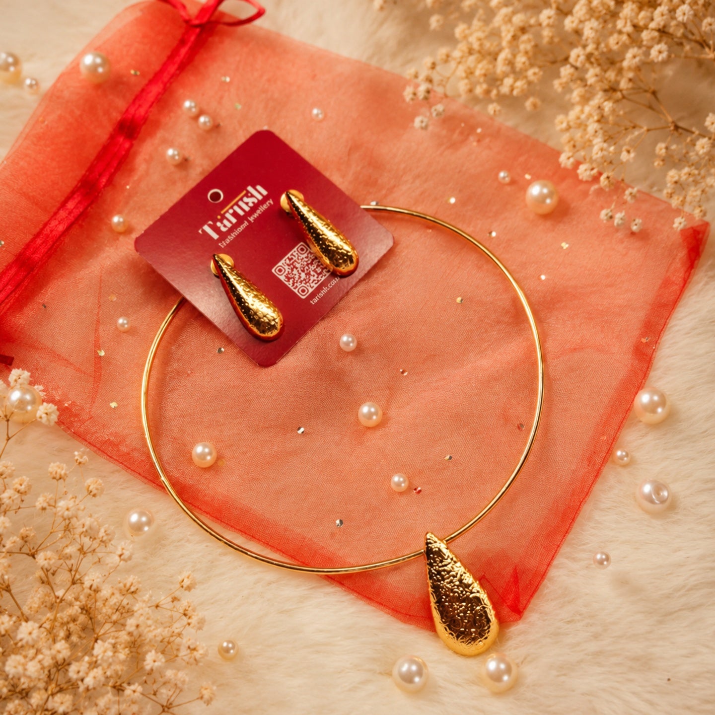 Elegant Hasli set - made of brass - 18 Kt Gold Plated Textured Teardrop Necklace & Earrings Set for Women