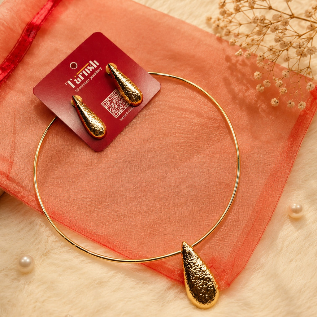 Elegant Hasli set - made of brass - 18 Kt Gold Plated Textured Teardrop Necklace & Earrings Set for Women