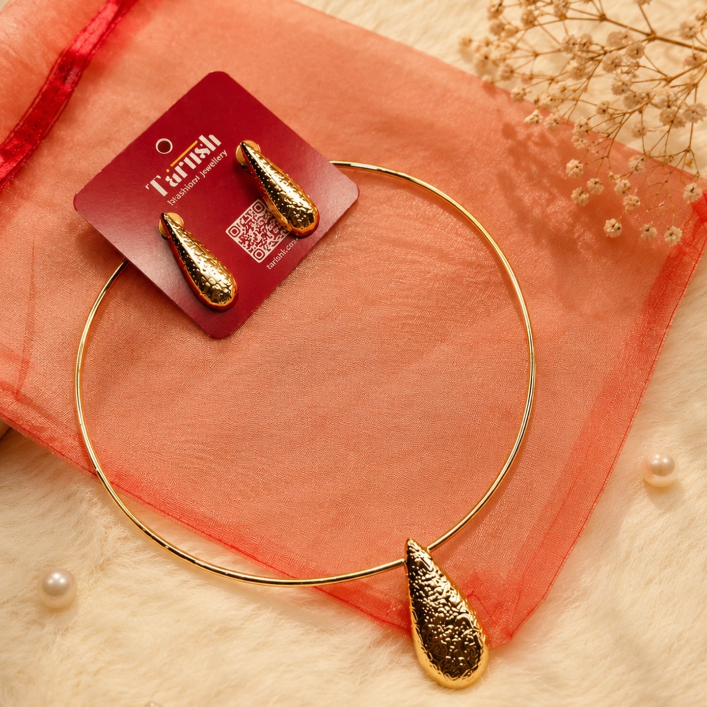 Elegant Hasli set - made of brass - 18 Kt Gold Plated Textured Teardrop Necklace & Earrings Set for Women