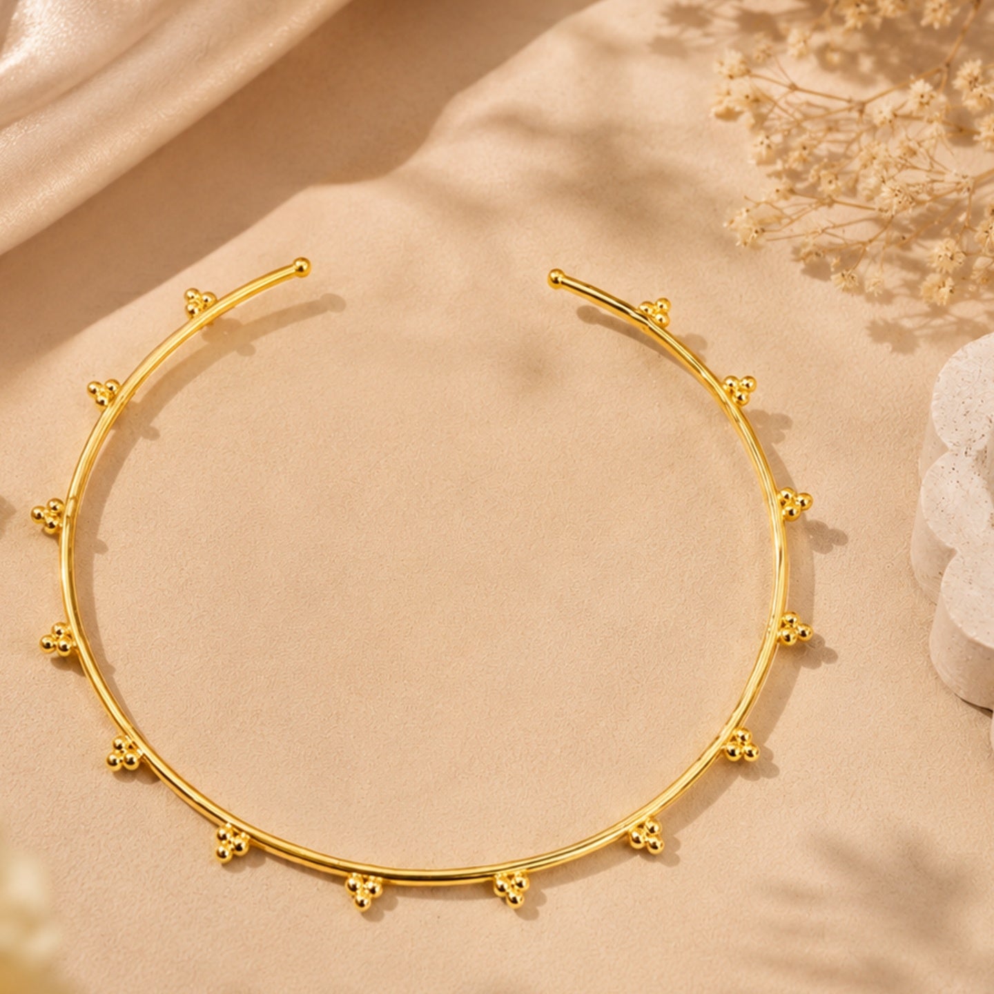 Elegant Beaded Hasli made of Brass - 18 Kt Gold Plated Minimalist Beaded Hasli Necklace for Women