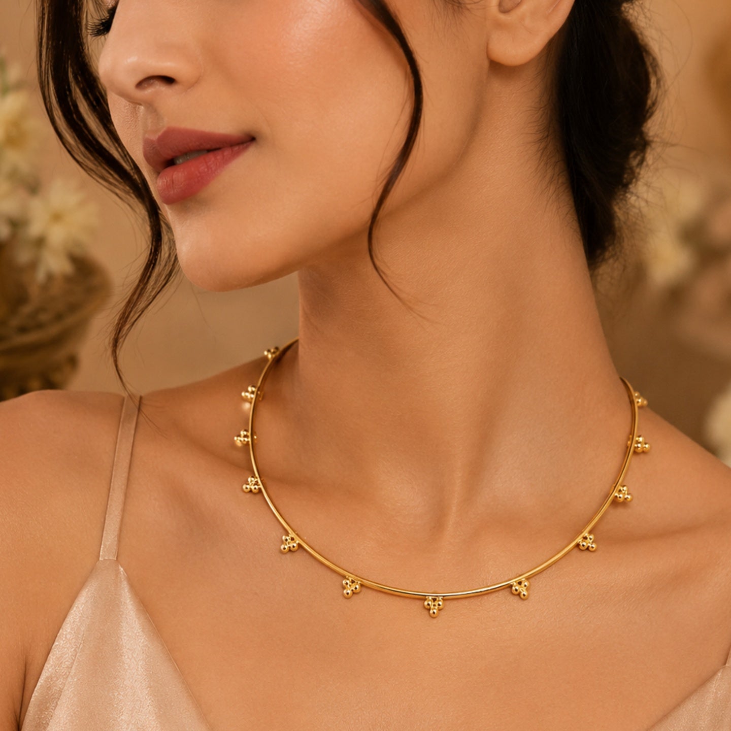 Elegant Beaded Hasli made of Brass - 18 Kt Gold Plated Minimalist Beaded Hasli Necklace for Women