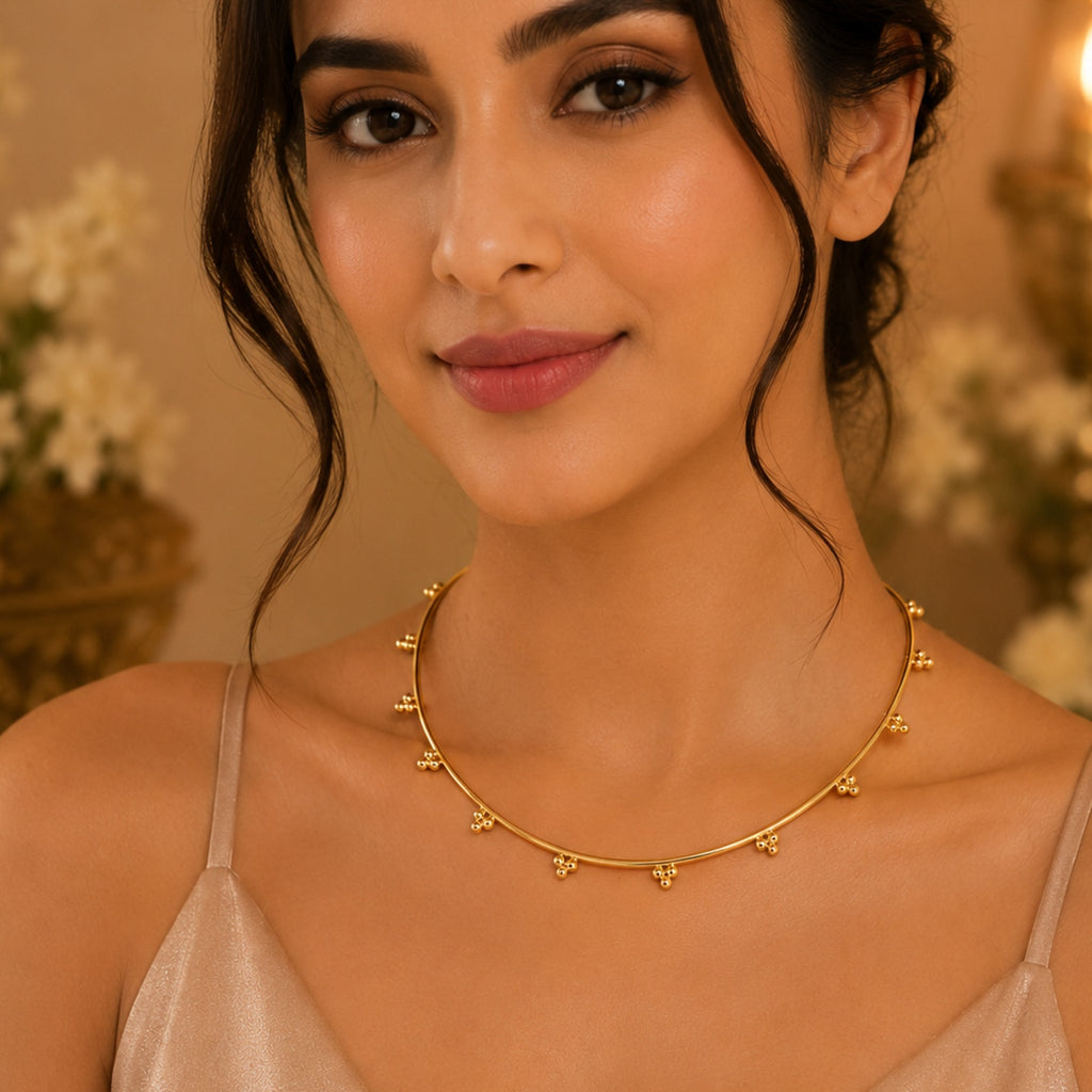 Elegant Beaded Hasli made of Brass - 18 Kt Gold Plated Minimalist Beaded Hasli Necklace for Women