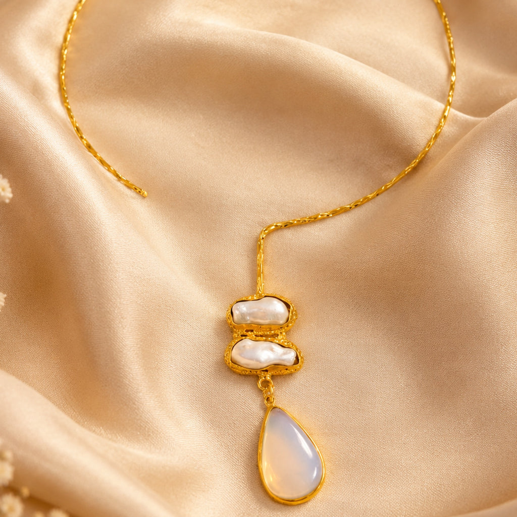 White stone drop with Mother of perl real stones, 18 Kt Gold Plated Pearl & White Stone Pendant Hasli Statement Necklace without earrings for Women
