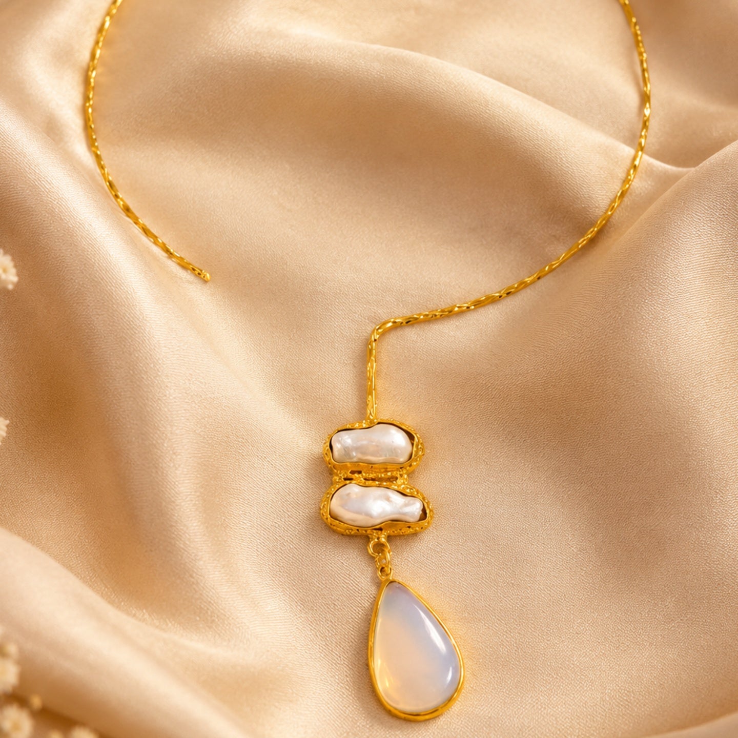White stone drop with Mother of perl real stones, 18 Kt Gold Plated Pearl & White Stone Pendant Hasli Statement Necklace without earrings for Women