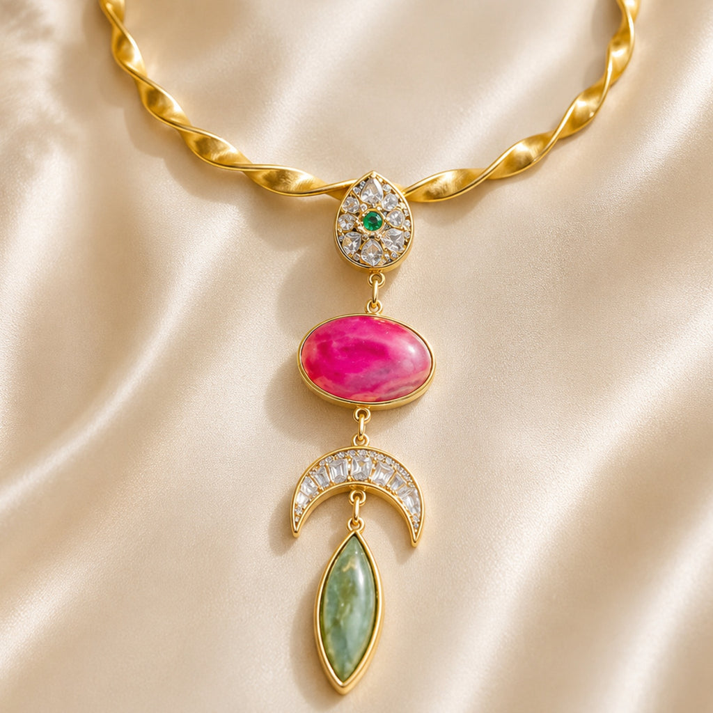 18 Kt Gold Plated Pink Agate Statement Hasli Necklace for Women - Decorated with precious stones with mosonite - without earrings