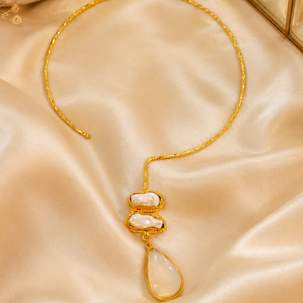 White stone drop with Mother of perl real stones, 18 Kt Gold Plated Pearl & White Stone Pendant Hasli Statement Necklace without earrings for Women