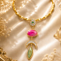 18 Kt Gold Plated Pink Agate Statement Hasli Necklace for Women - Decorated with precious stones with mosonite - without earrings