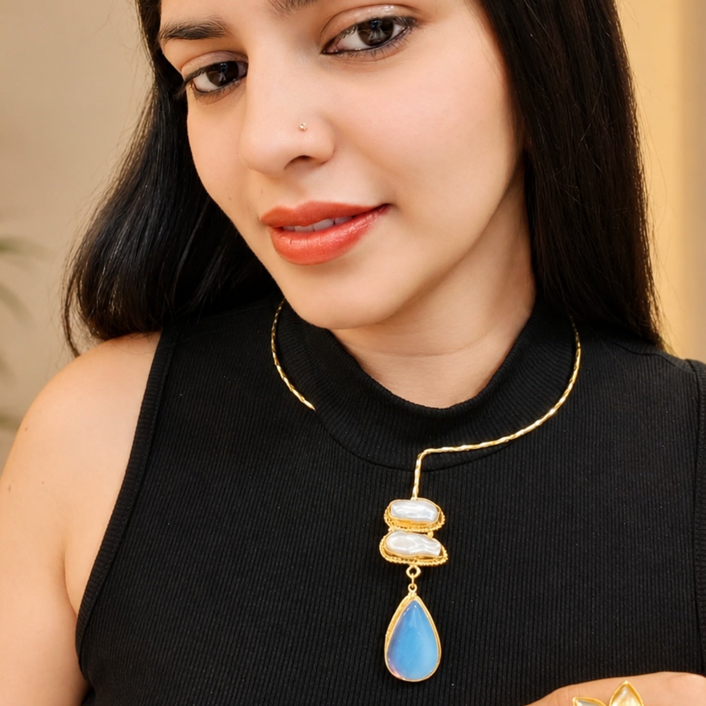 White stone drop with Mother of perl real stones, 18 Kt Gold Plated Pearl & White Stone Pendant Hasli Statement Necklace without earrings for Women