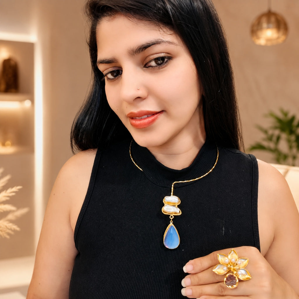 White stone drop with Mother of perl real stones, 18 Kt Gold Plated Pearl & White Stone Pendant Hasli Statement Necklace without earrings for Women