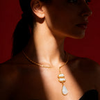 White stone drop with Mother of perl real stones, 18 Kt Gold Plated Pearl & White Stone Pendant Hasli Statement Necklace without earrings for Women