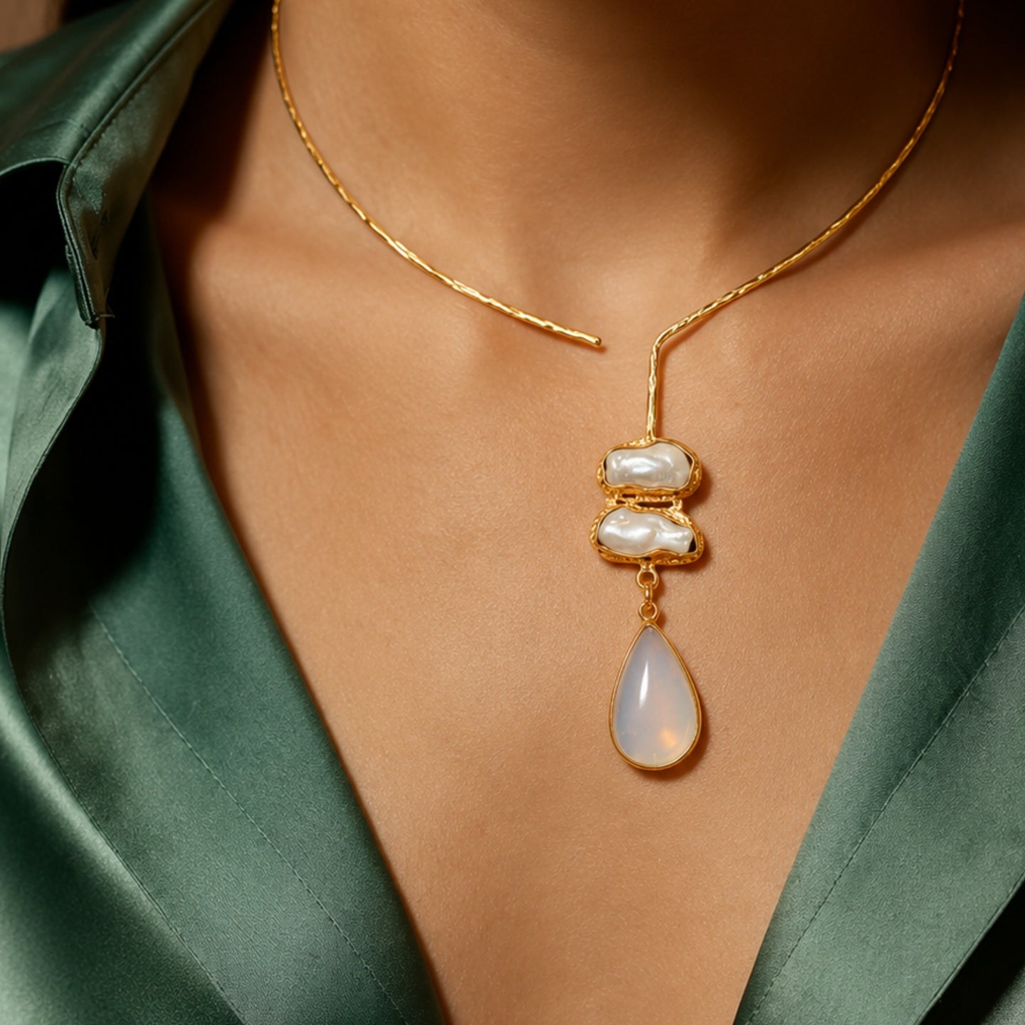 White stone drop with Mother of perl real stones, 18 Kt Gold Plated Pearl & White Stone Pendant Hasli Statement Necklace without earrings for Women