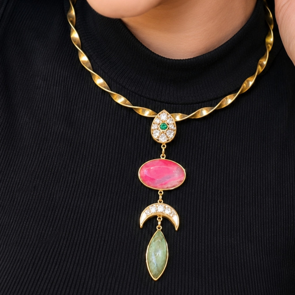 18 Kt Gold Plated Pink Agate Statement Hasli Necklace for Women - Decorated with precious stones with mosonite - without earrings
