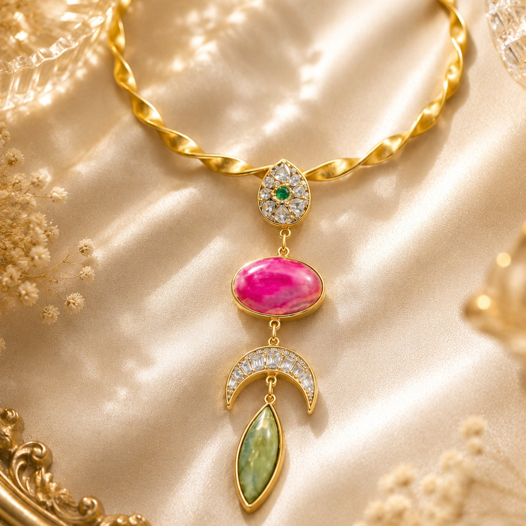 18 Kt Gold Plated Pink Agate Statement Hasli Necklace for Women - Decorated with precious stones with mosonite - without earrings